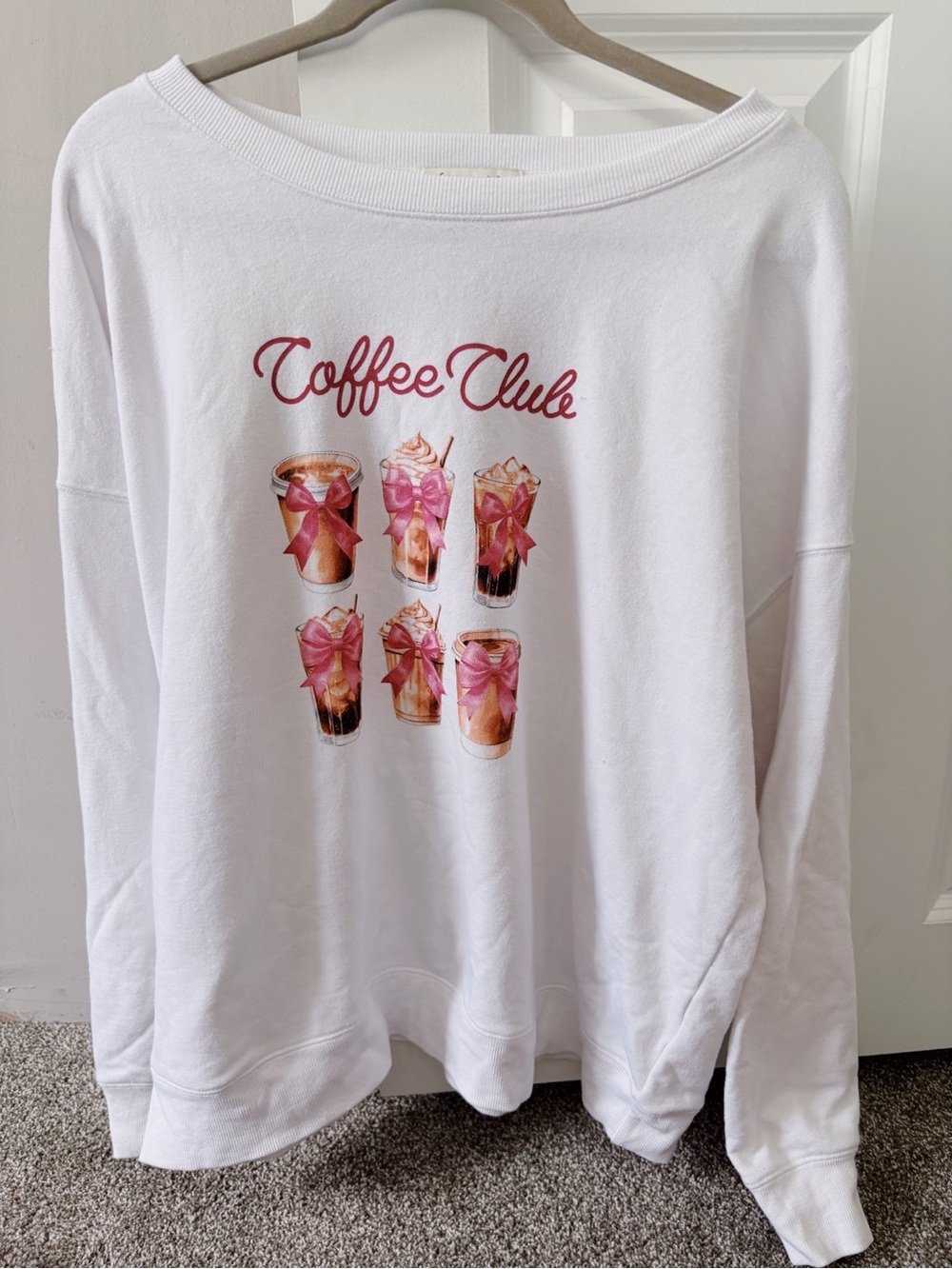 Francesca's Collections White "Coffee Club" Sweatshirt with Pink Accent